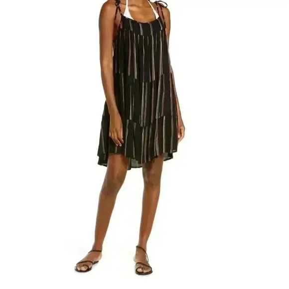 Revel Mini Dress Tie Shoulder Straps Striped Black Size Small - Picture 1 of 5